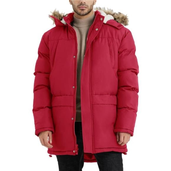 Men's Long Winter Coat Insulated Fleece Parka Jacket, Red